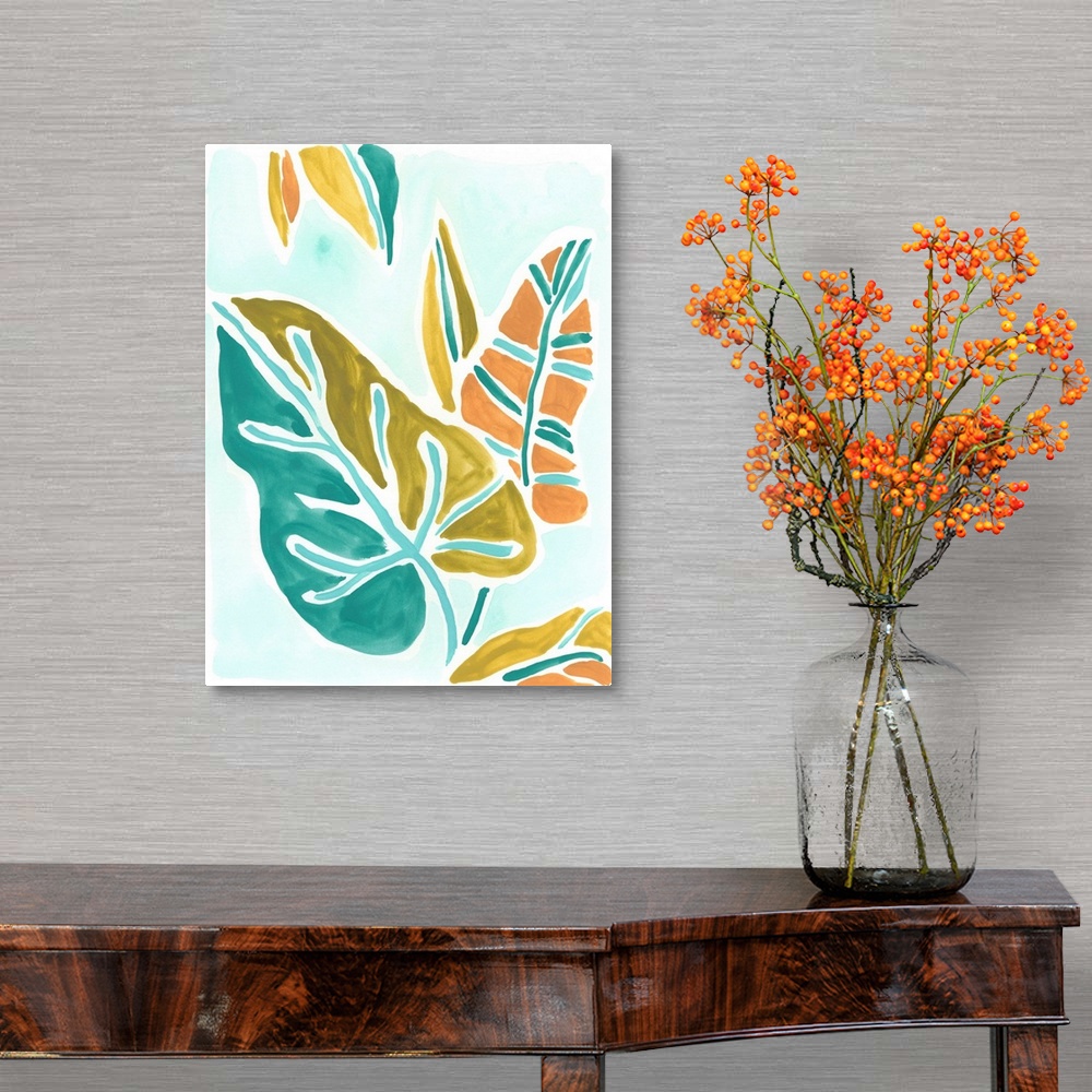 A traditional room featuring Lively tropical leaves in orange, gold and blue are arranged on a light blue background.