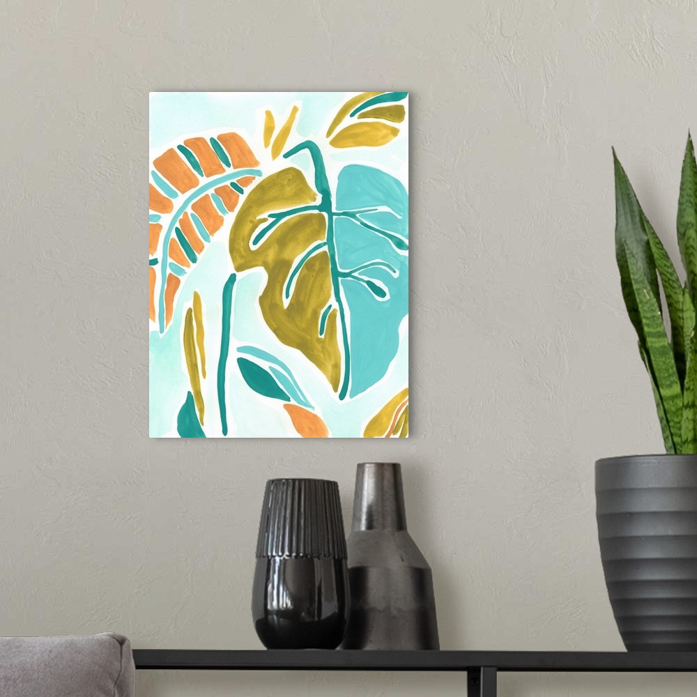 A modern room featuring Lively tropical leaves in orange, gold and blue are arranged on a light blue background.