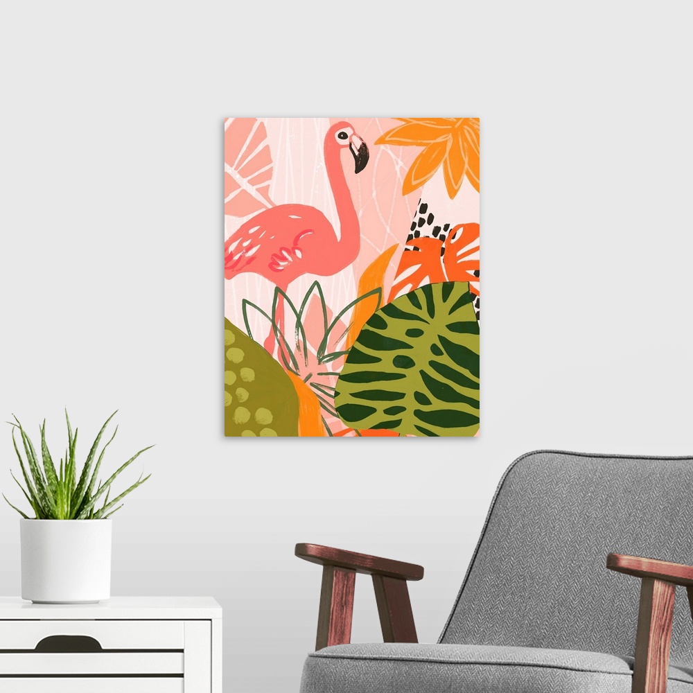 A modern room featuring Jungle Flamingo II