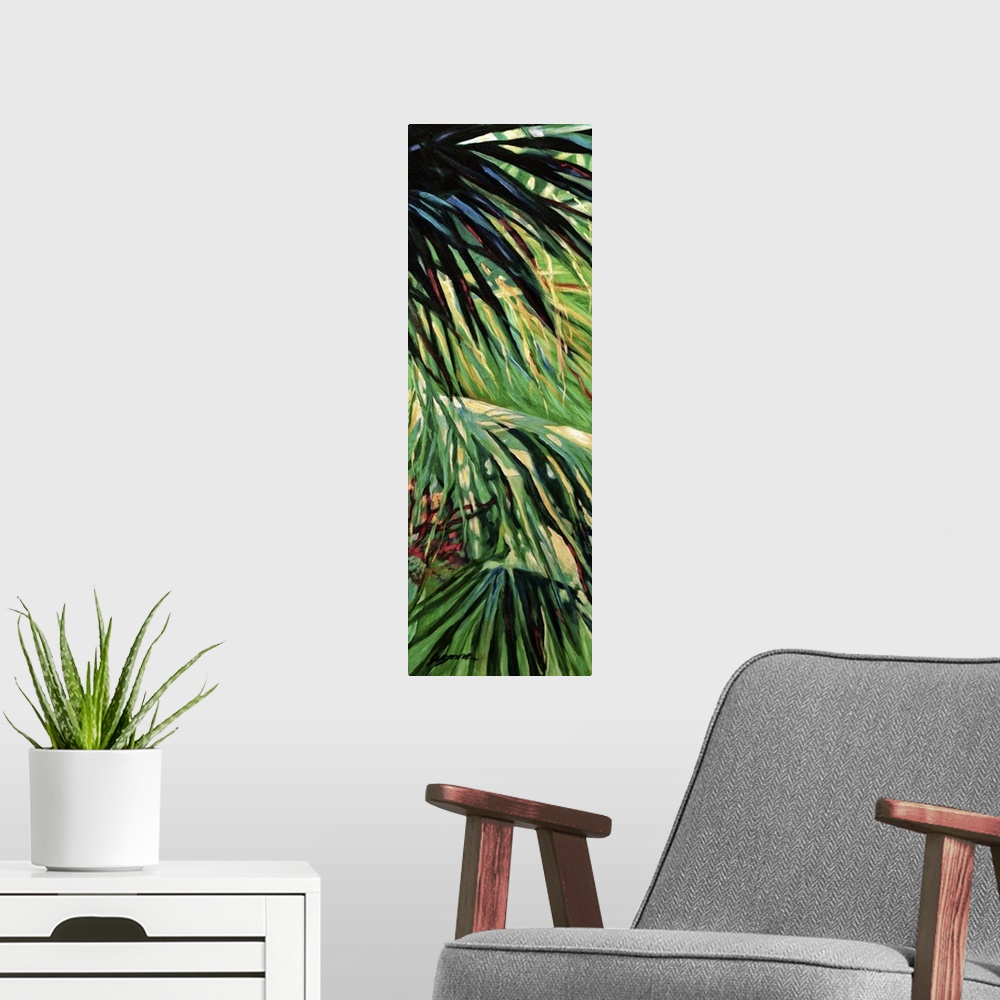 A modern room featuring Contemporary colorful painting of a tropical palm frond.