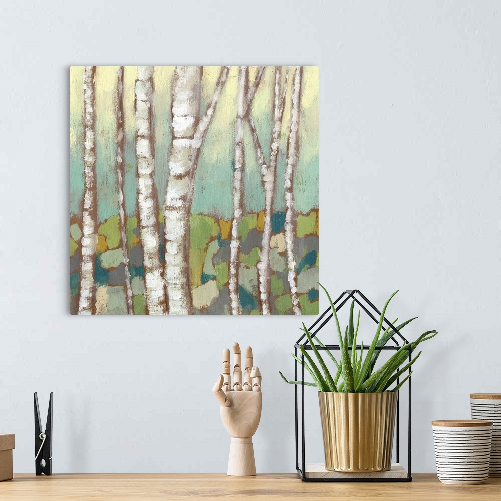 A bohemian room featuring Contemporary painting of slender birch trees in a forest.