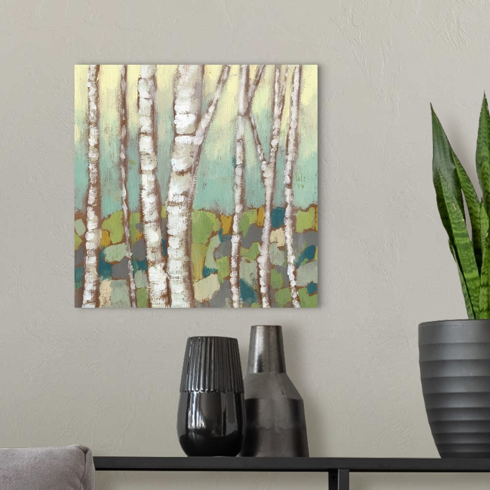 A modern room featuring Contemporary painting of slender birch trees in a forest.