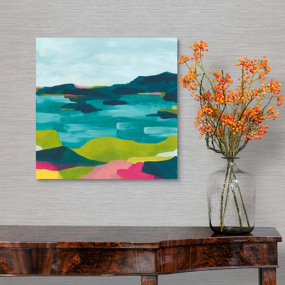 A traditional room featuring Contemporary abstract landscape in vibrant hues.