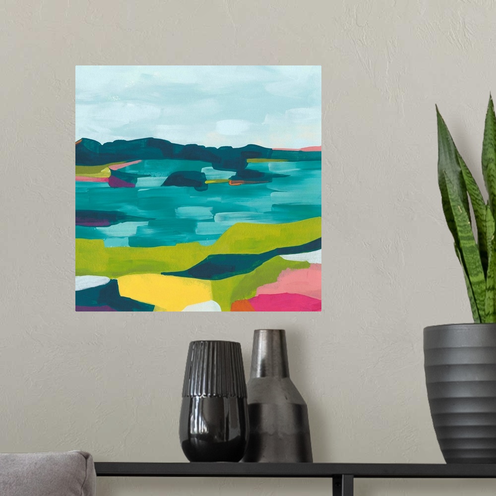 A modern room featuring Contemporary abstract landscape in vibrant hues.