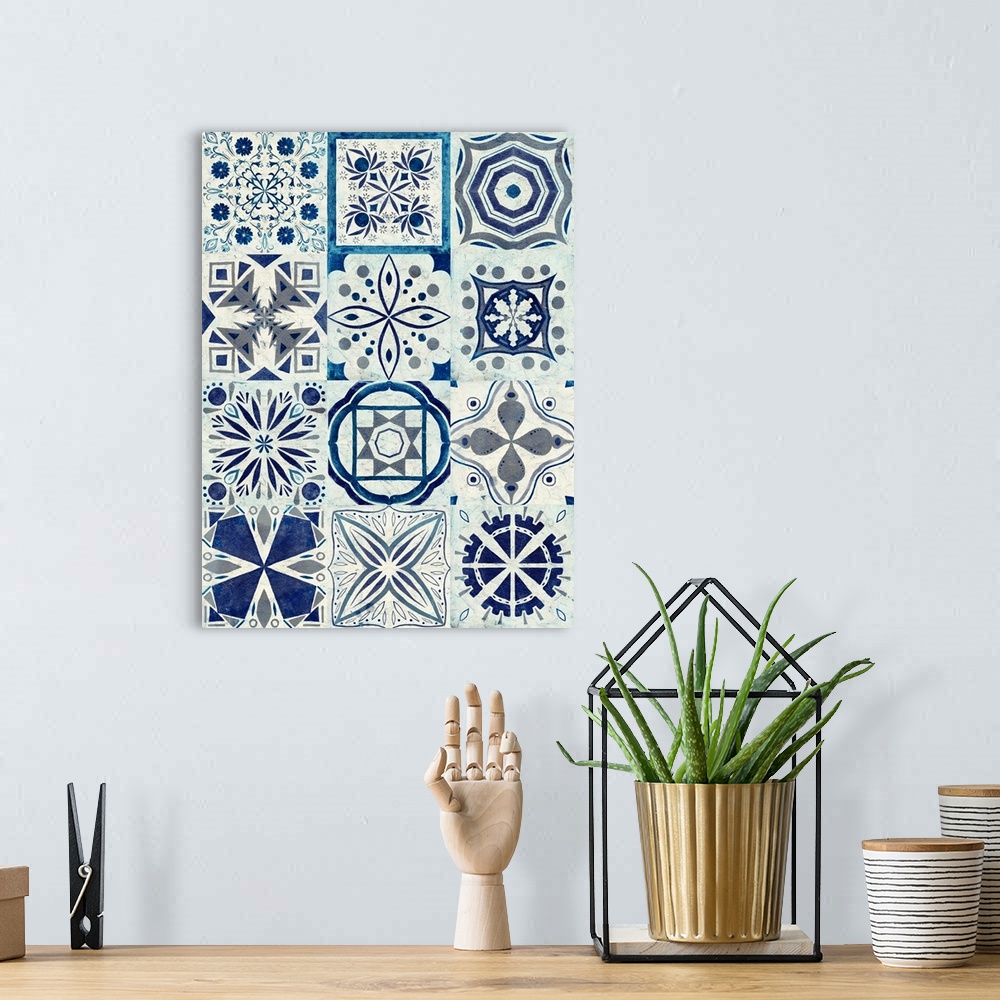 A bohemian room featuring This contemporary artwork is a compilation of fun and exciting tile patterns stacked three by fou...