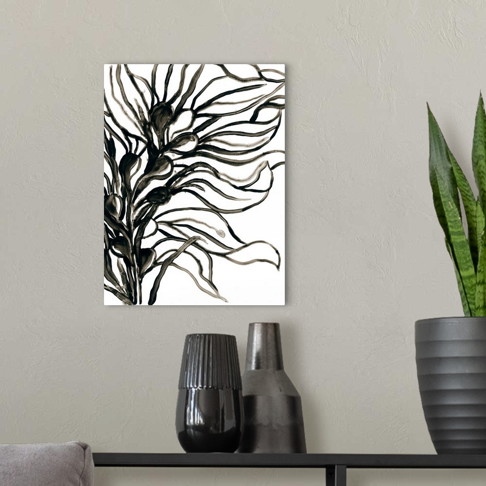 A modern room featuring A simple, minimalist black and white painting of wavy leaves on a stalk