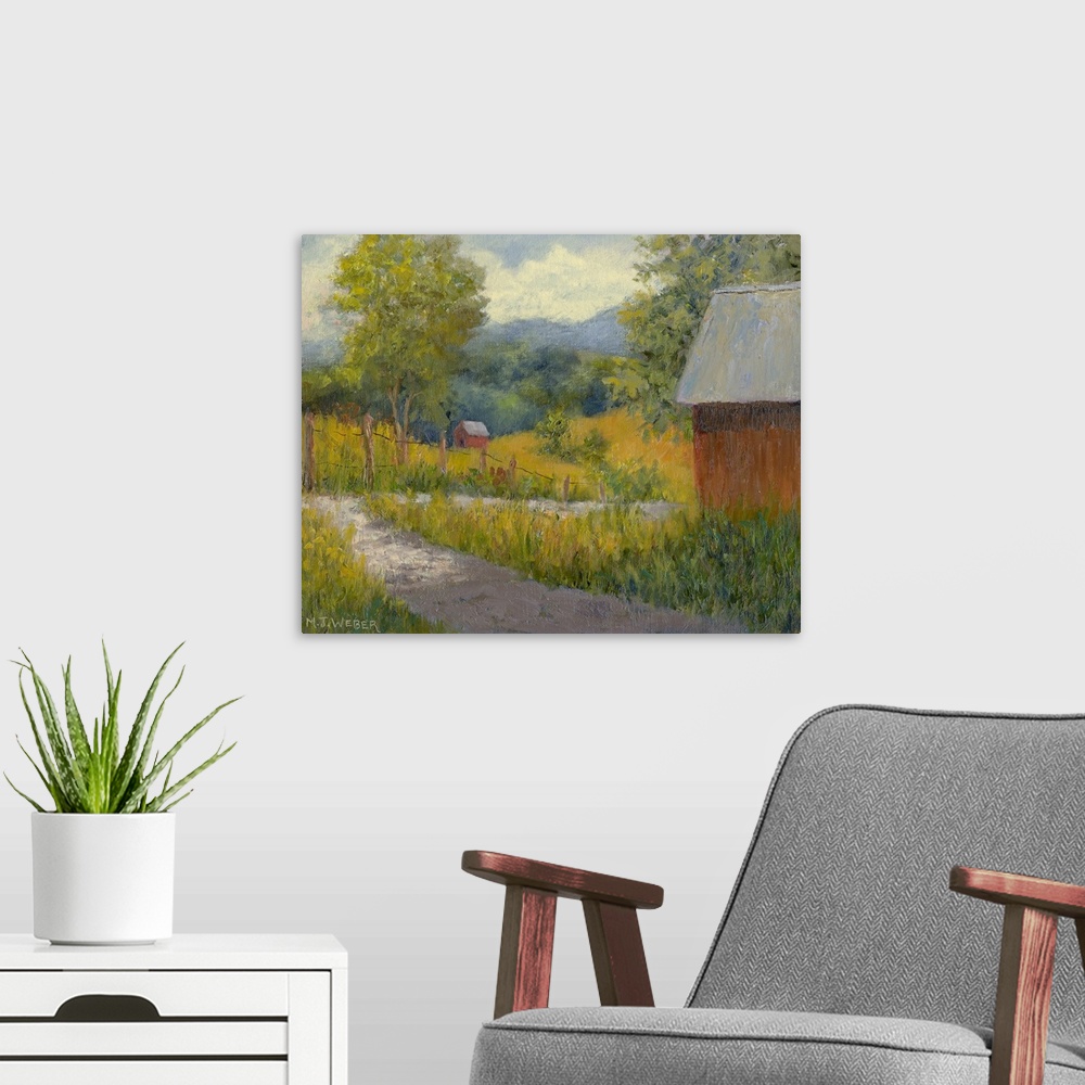 A modern room featuring Horizontal painting on a big wall hanging of a small path leading through a green landscape on a ...