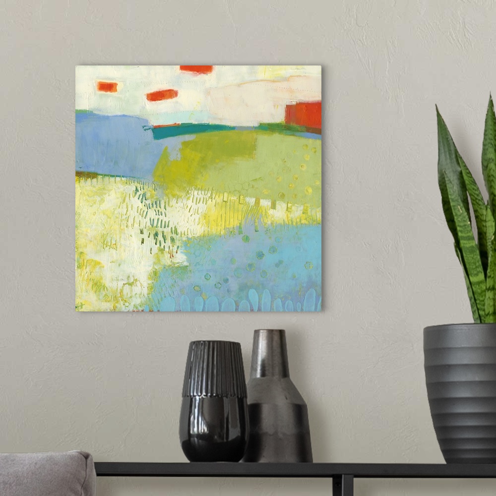 A modern room featuring Abstract contemporary painting in tropical blue, lime green, and coral.
