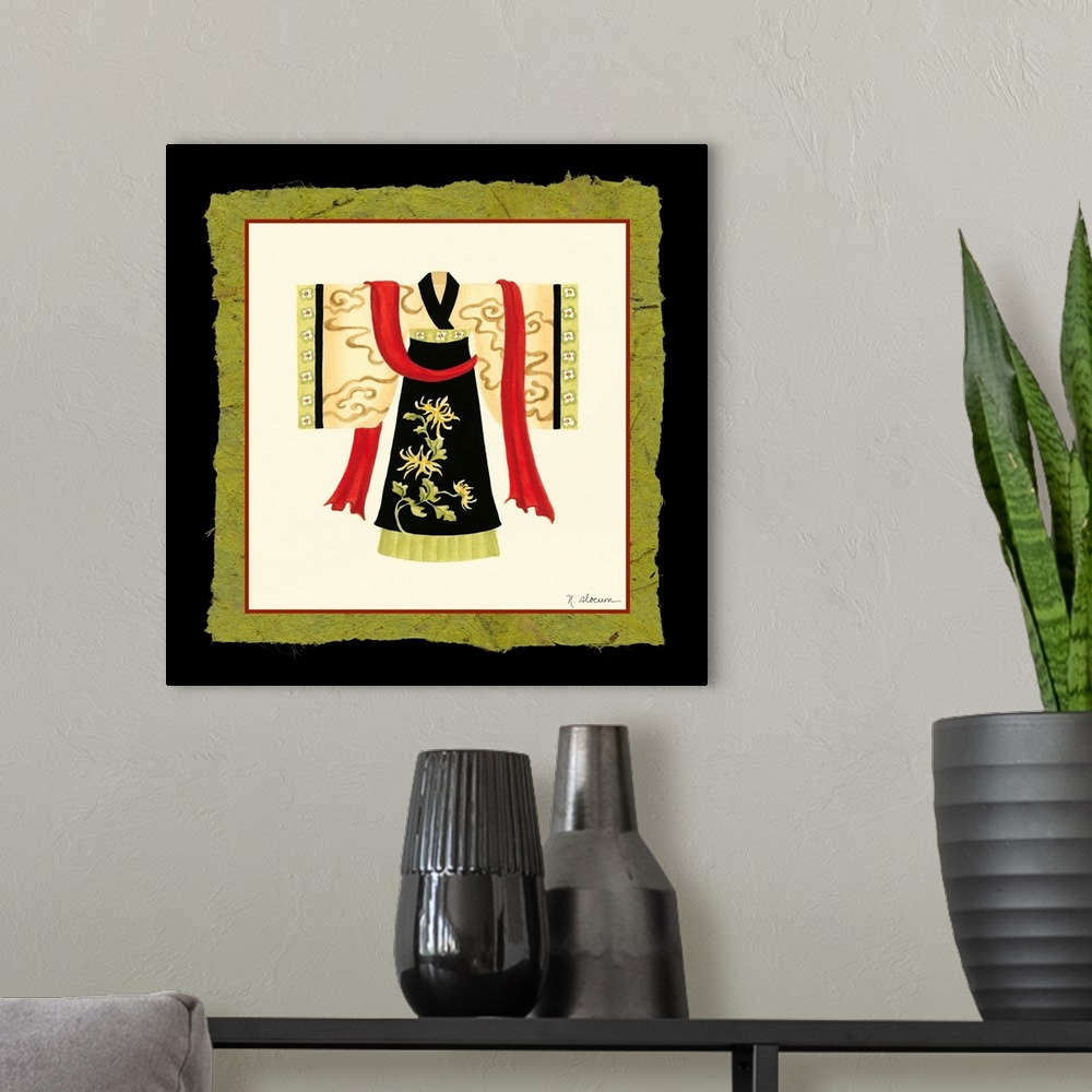 A modern room featuring Asian art design of a Kimono with a red sash on fabric matted background.