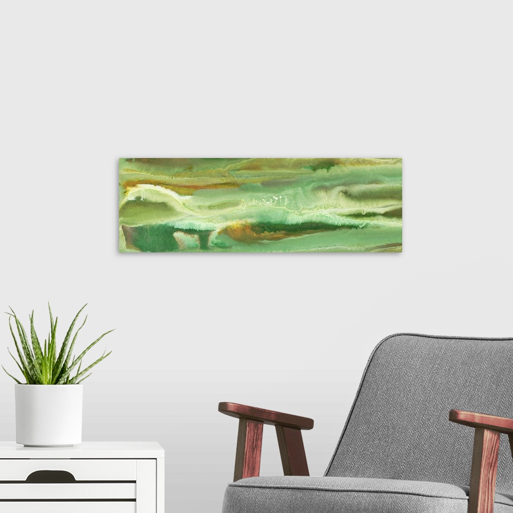 A modern room featuring Contemporary abstract painting in layered shades of green.