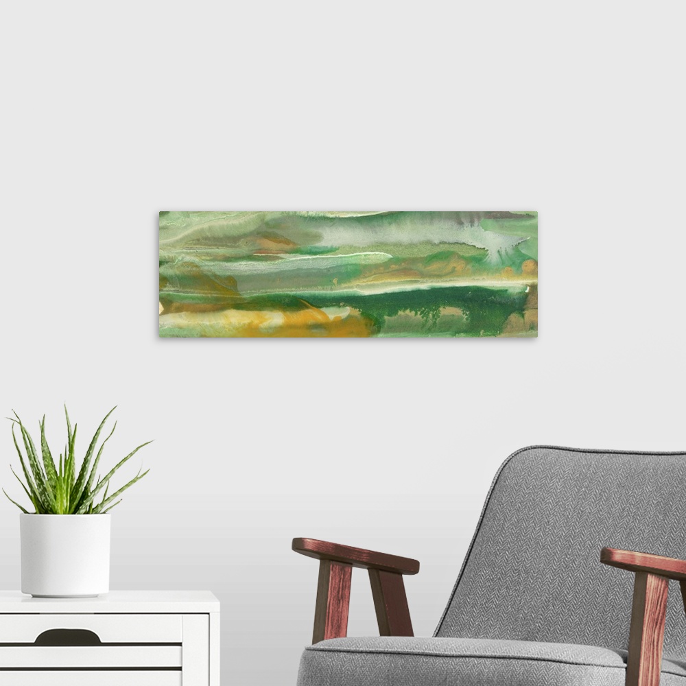 A modern room featuring Contemporary abstract painting in layered shades of green.