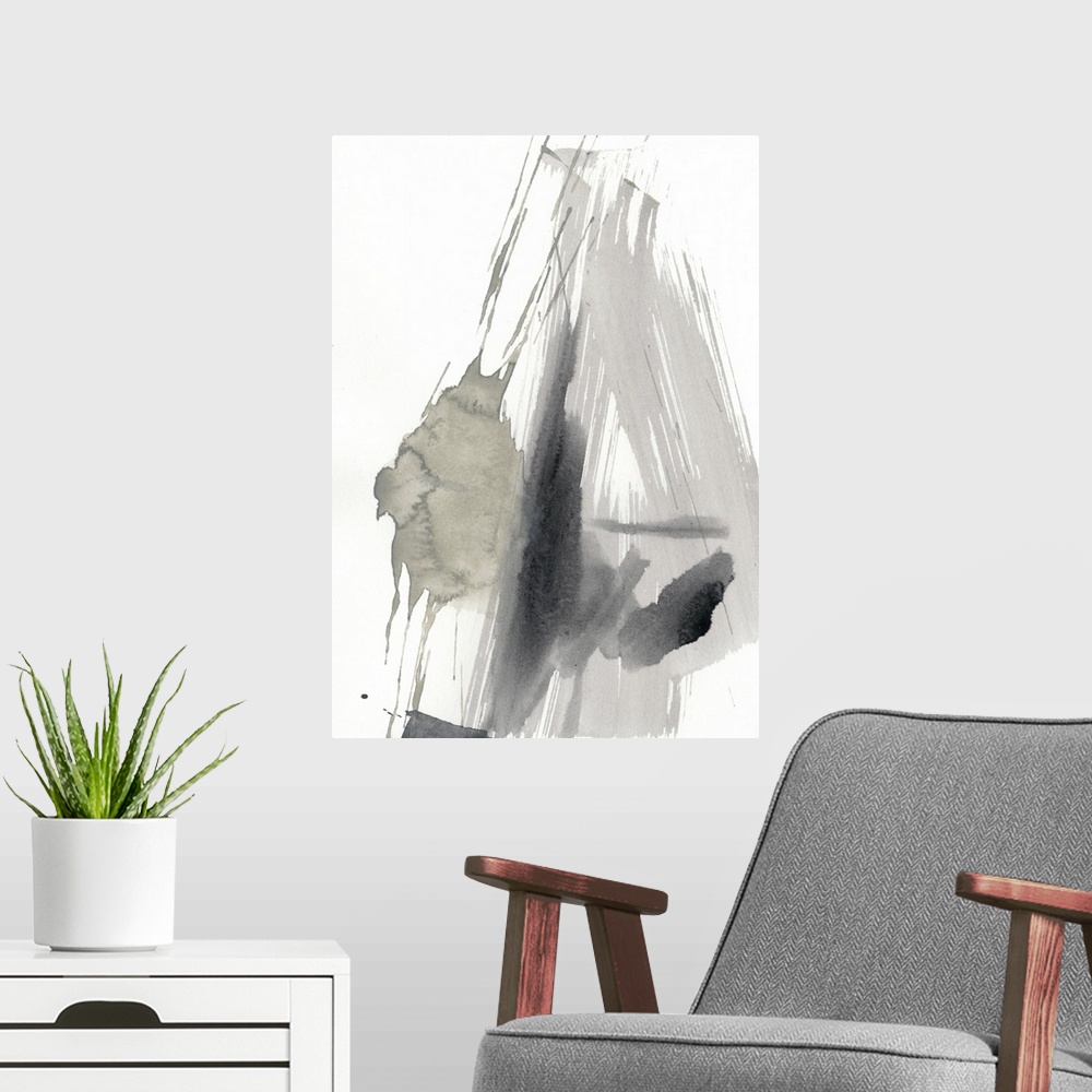 A modern room featuring Vertical abstract painting of free form brush strokes of neutral colors.