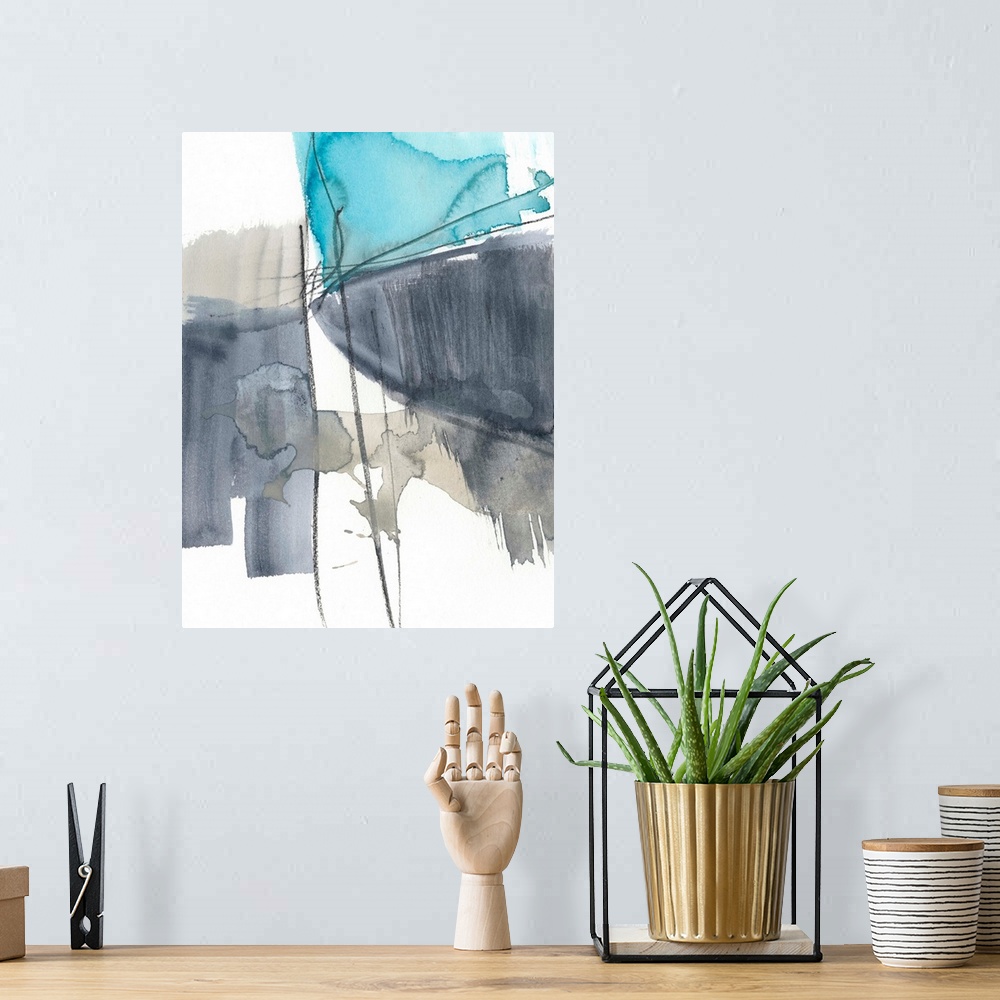 A bohemian room featuring Vertical abstract painting of free form brush strokes of neutral colors with blue accents.