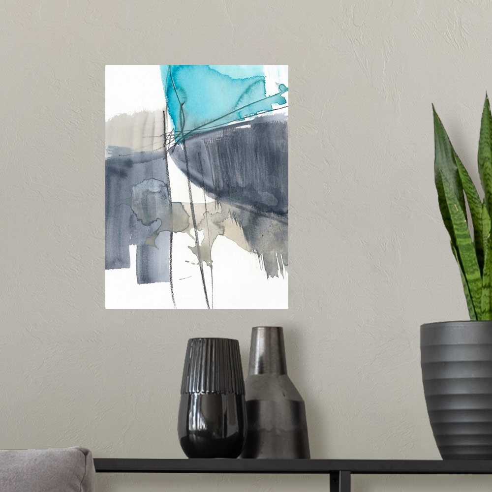 A modern room featuring Vertical abstract painting of free form brush strokes of neutral colors with blue accents.