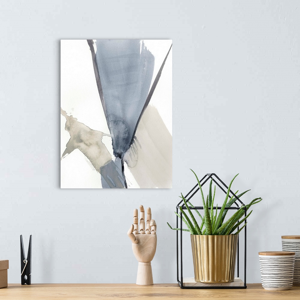 A bohemian room featuring Vertical abstract painting of free form brush strokes of neutral colors.