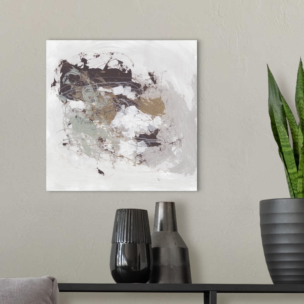 A modern room featuring Contemporary abstract painting using earth tones and splash style application.