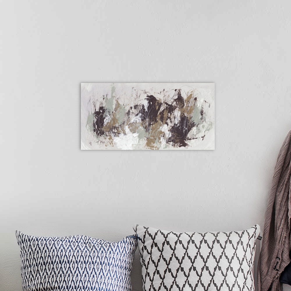 A bohemian room featuring Contemporary abstract painting using earth tones and splash style application.