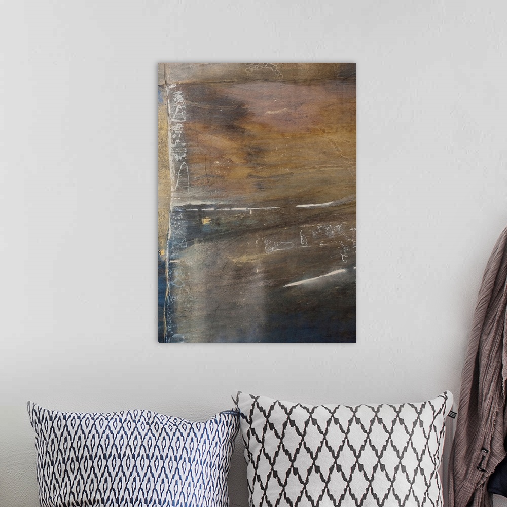 A bohemian room featuring Abstract artwork that uses mostly dark colors brushed horizontally across this vertical piece.