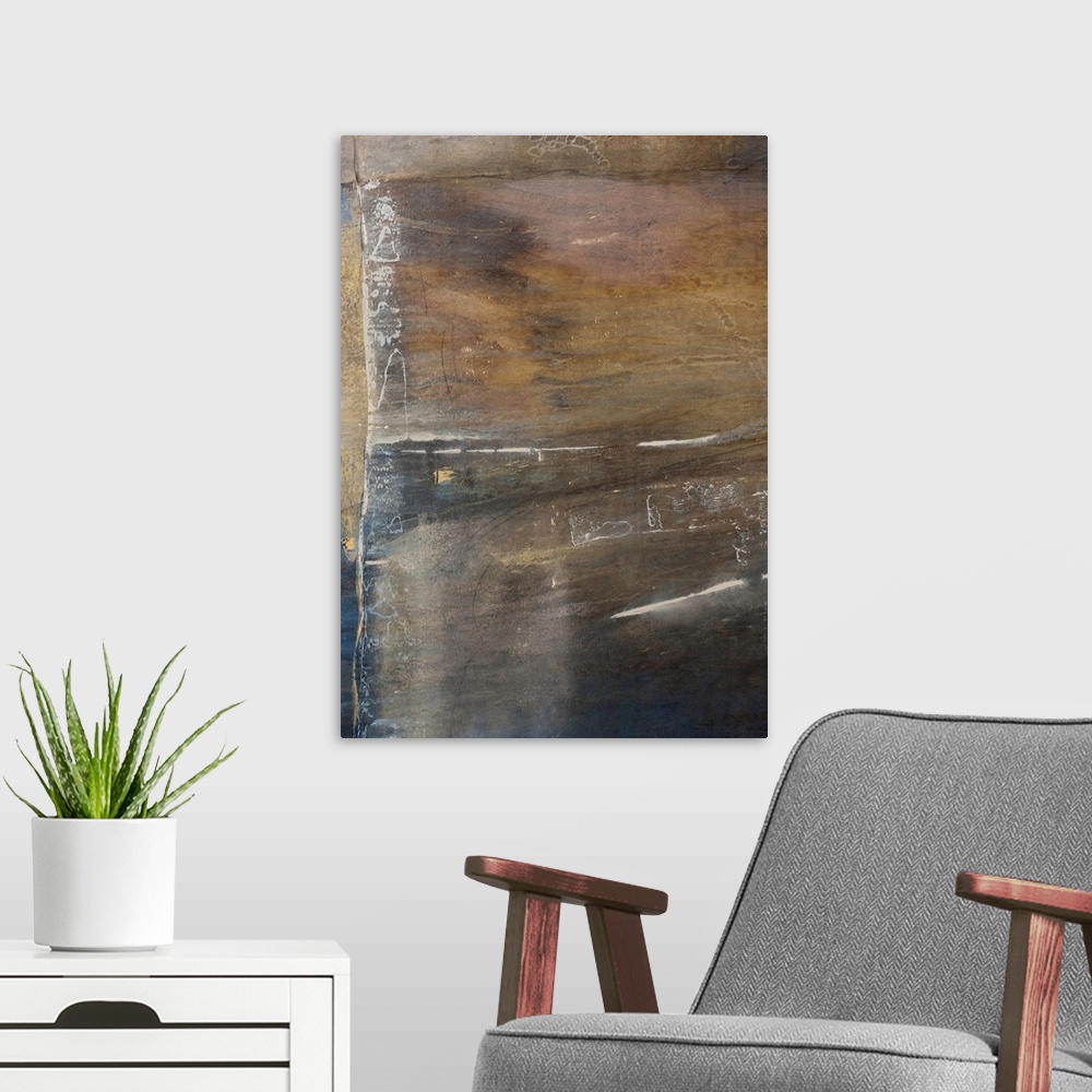 A modern room featuring Abstract artwork that uses mostly dark colors brushed horizontally across this vertical piece.
