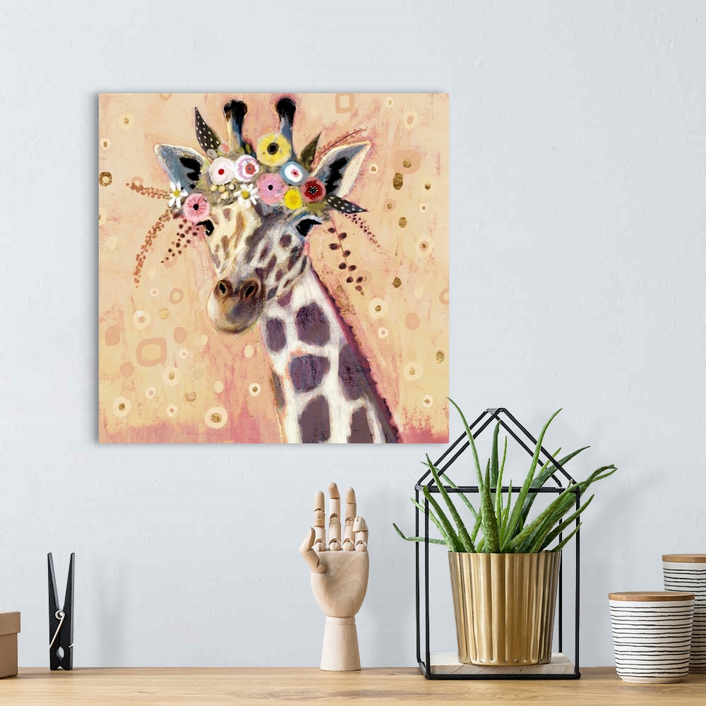 A bohemian room featuring A creative youthful image of a giraffe wearing flowers on it's head, against a neutral background...