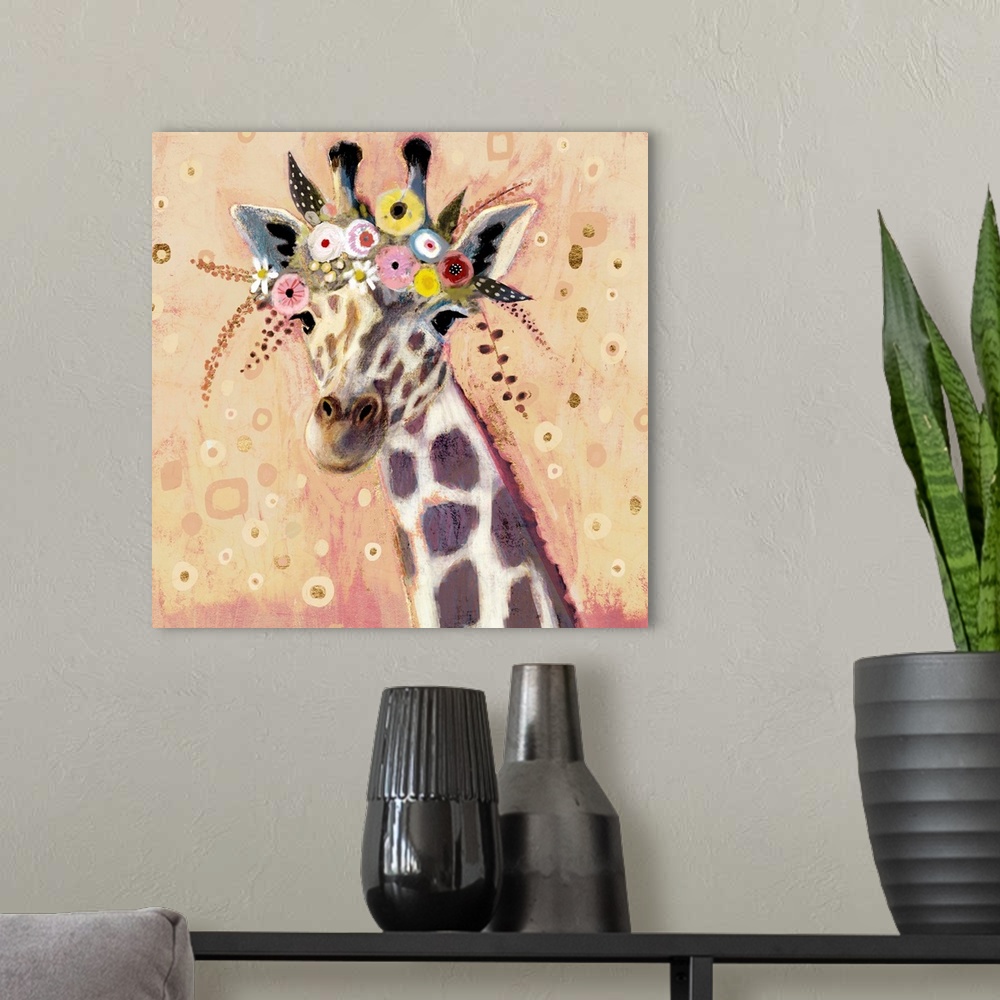 A modern room featuring A creative youthful image of a giraffe wearing flowers on it's head, against a neutral background...