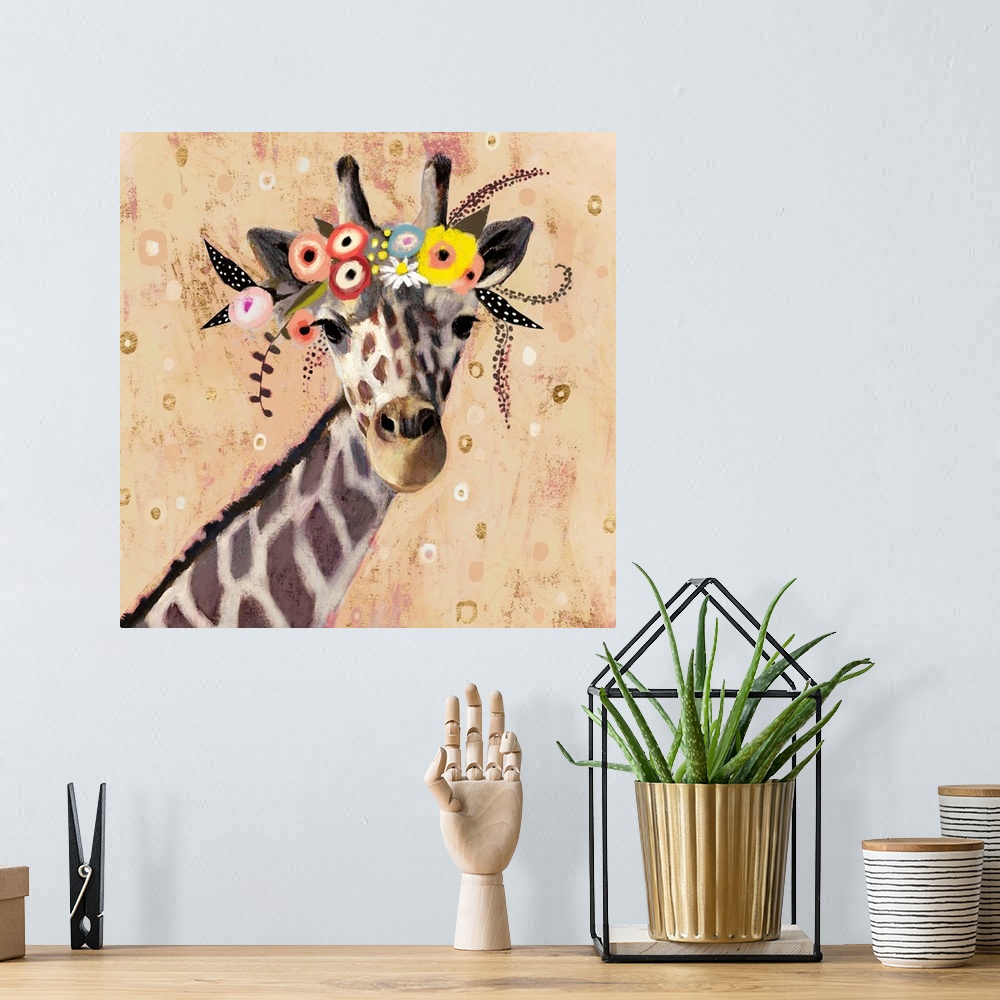 A bohemian room featuring A creative youthful image of a giraffe wearing flowers on it's head, against a neutral background...
