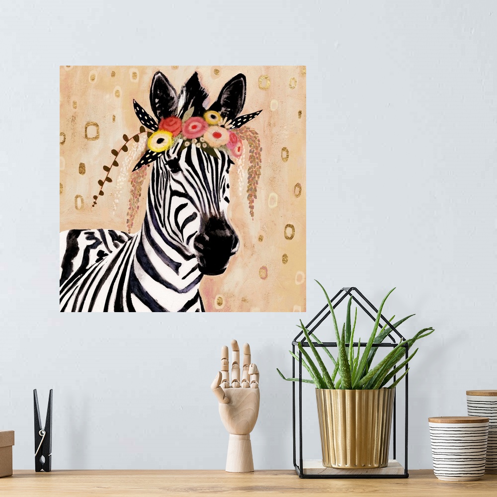 A bohemian room featuring A creative youthful image of a zebra wearing flowers on it's head, against a neutral background w...