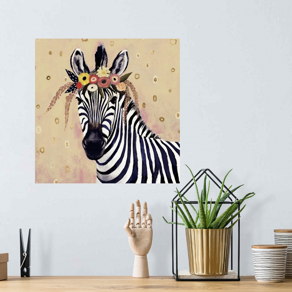 A bohemian room featuring A creative youthful image of a zebra wearing flowers on it's head, against a neutral background w...