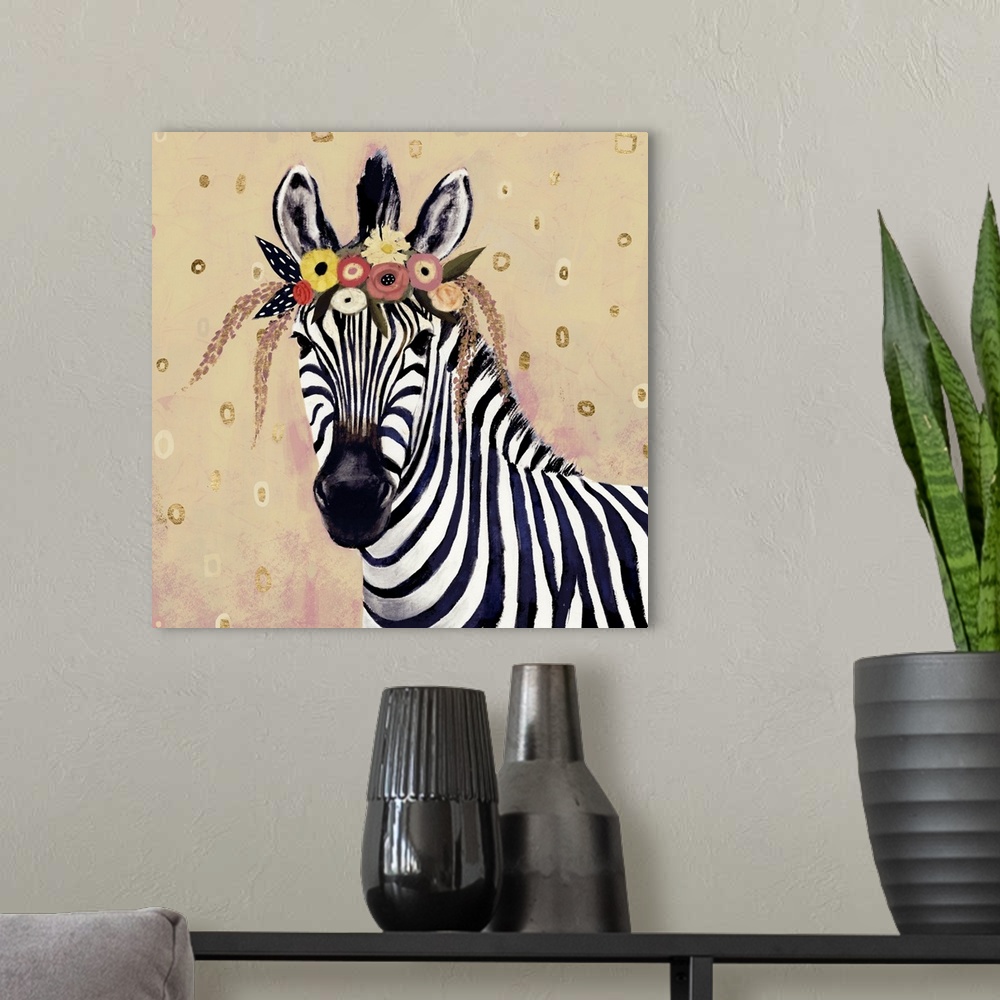 A modern room featuring A creative youthful image of a zebra wearing flowers on it's head, against a neutral background w...