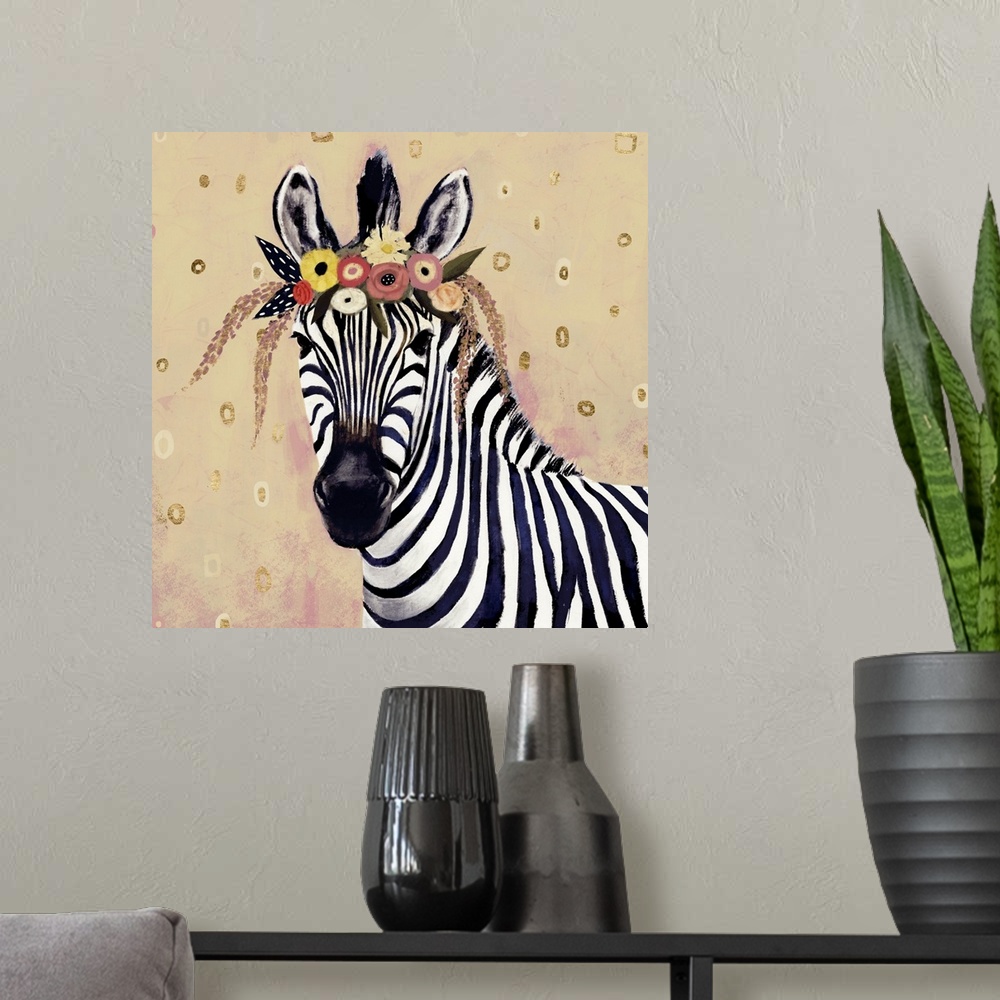 A modern room featuring A creative youthful image of a zebra wearing flowers on it's head, against a neutral background w...