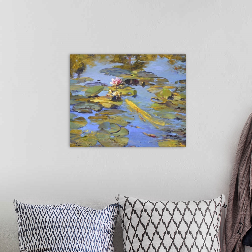 A bohemian room featuring Contemporary painting of koi in a pond.
