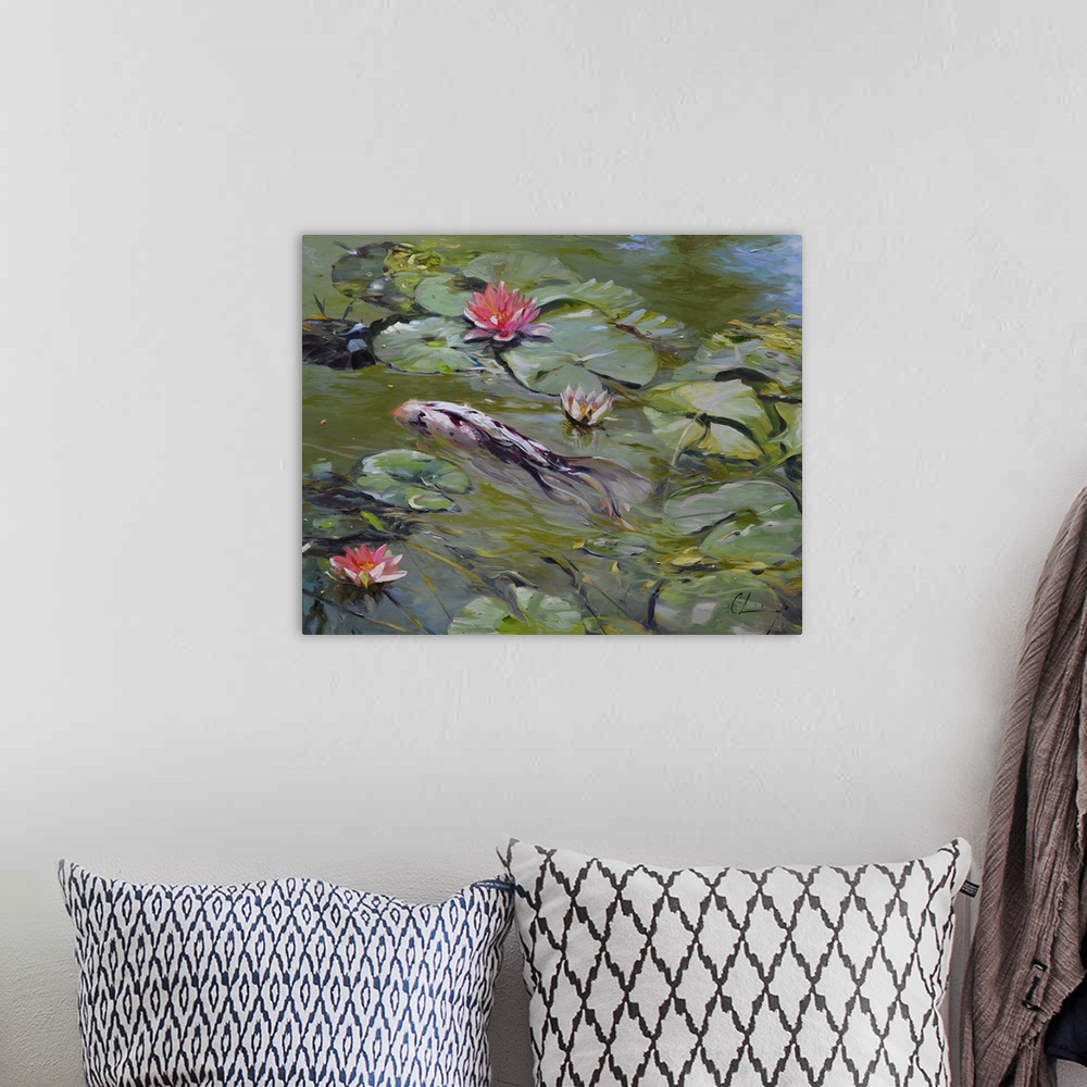 A bohemian room featuring Contemporary painting of koi in a pond.