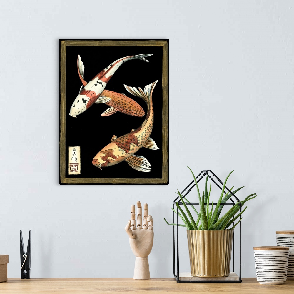 A bohemian room featuring Vintage stylized illustration of a koi against  a black background.