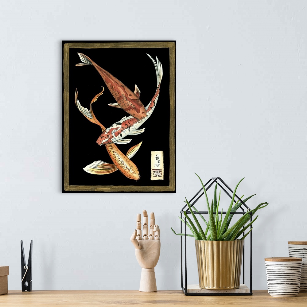A bohemian room featuring Vintage stylized illustration of a koi against  a black background.