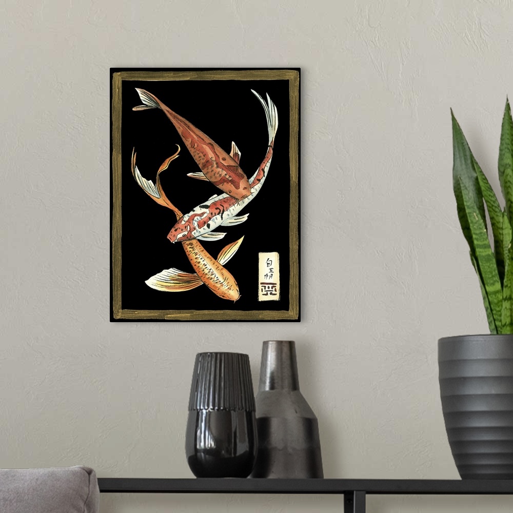 A modern room featuring Vintage stylized illustration of a koi against  a black background.