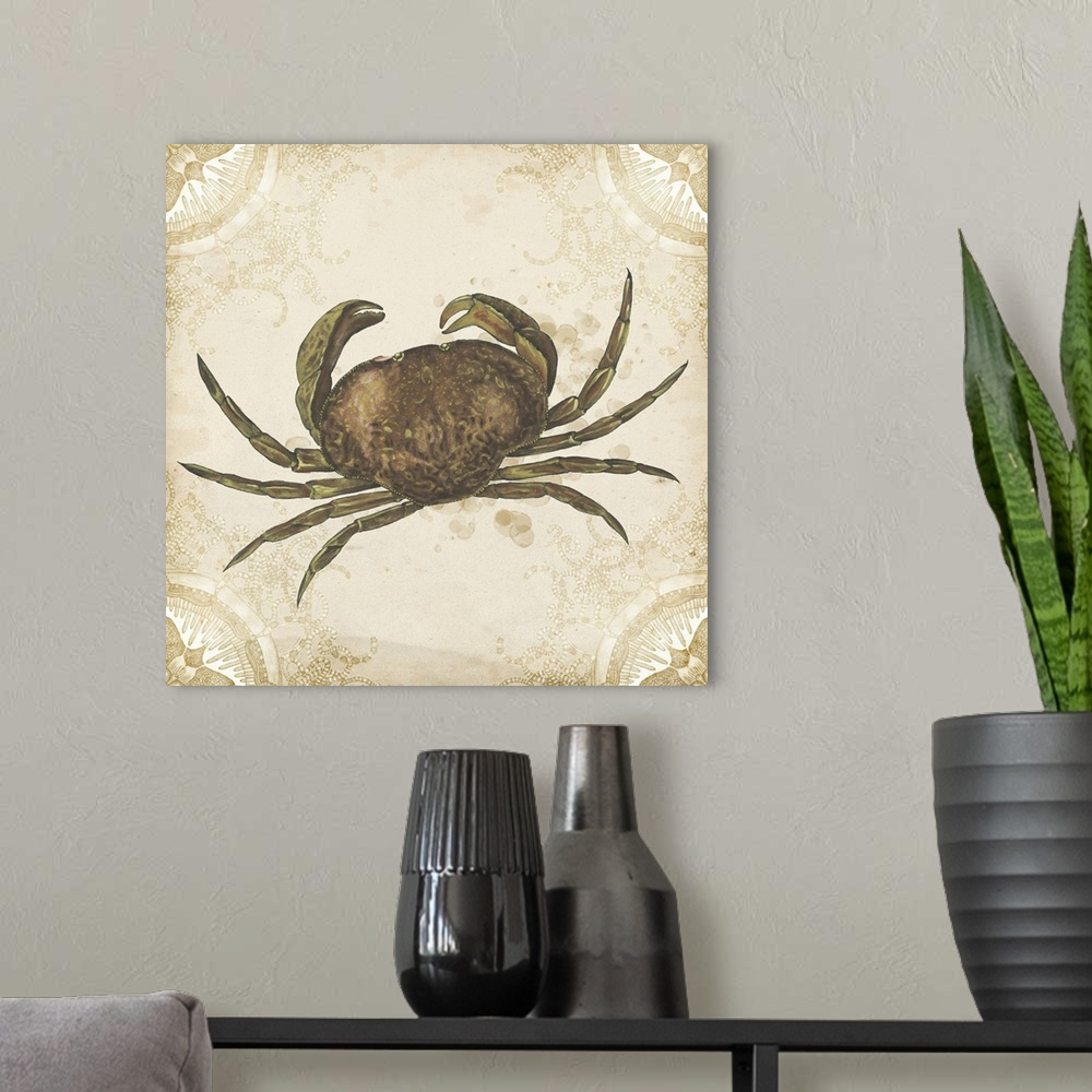 A modern room featuring Picture of a shellfish on a beige backdrop with a curved shape design in each corner.