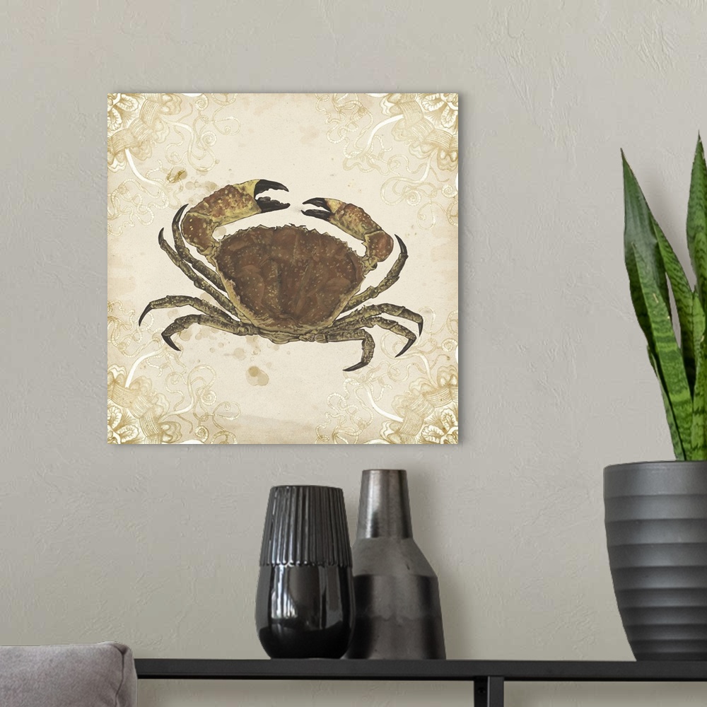 A modern room featuring Picture of a shellfish on a beige backdrop with a curved shape design in each corner.