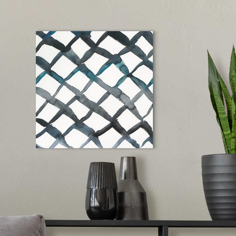 A modern room featuring Square abstract decor with a lined pattern consuming the entire face of the canvas in shades of b...