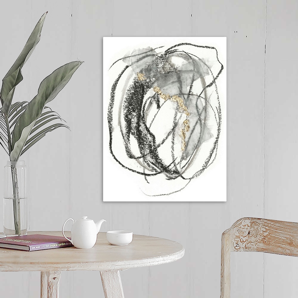 A farmhouse room featuring Abstract painting of black scribbles and gray patches with gold leaf accents on a white background.