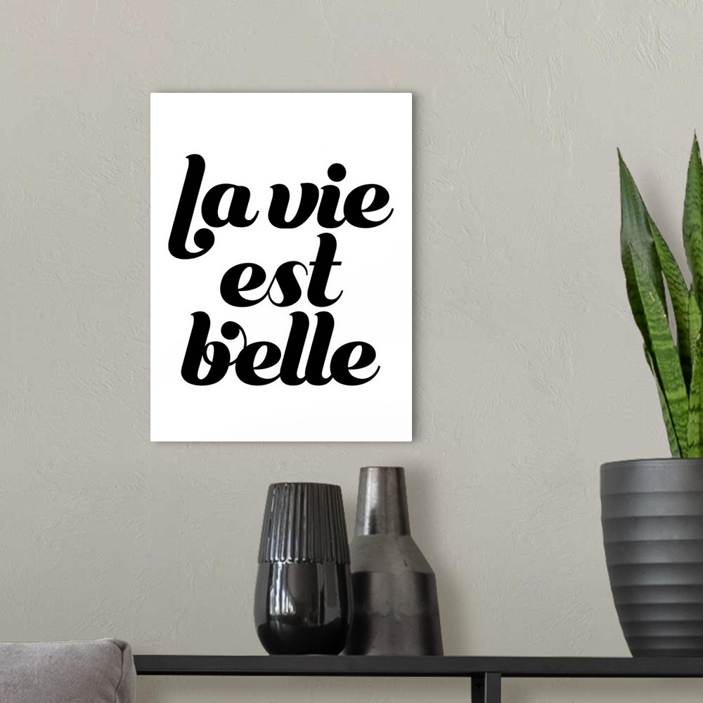 A modern room featuring Black and white typography that says, "La vie est belle" in black script on a white background.