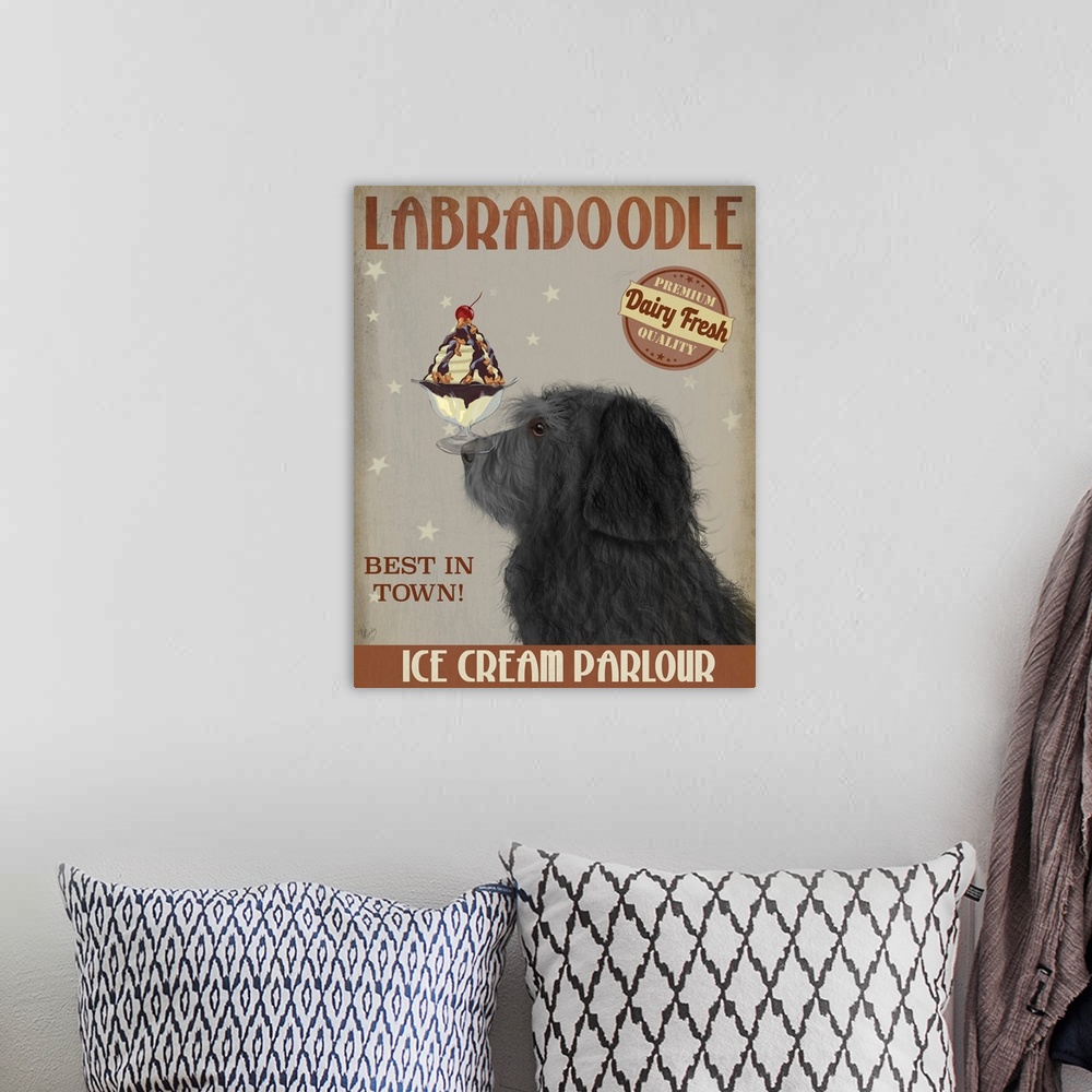 A bohemian room featuring Decorative artwork of a Labradoodle balancing an ice cream sundae on its nose in an advertisement...