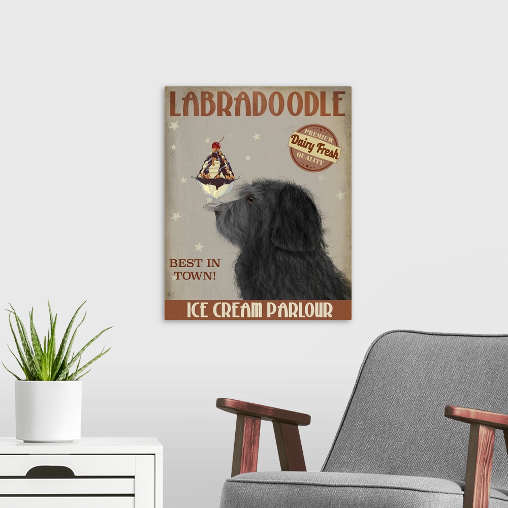 A modern room featuring Decorative artwork of a Labradoodle balancing an ice cream sundae on its nose in an advertisement...