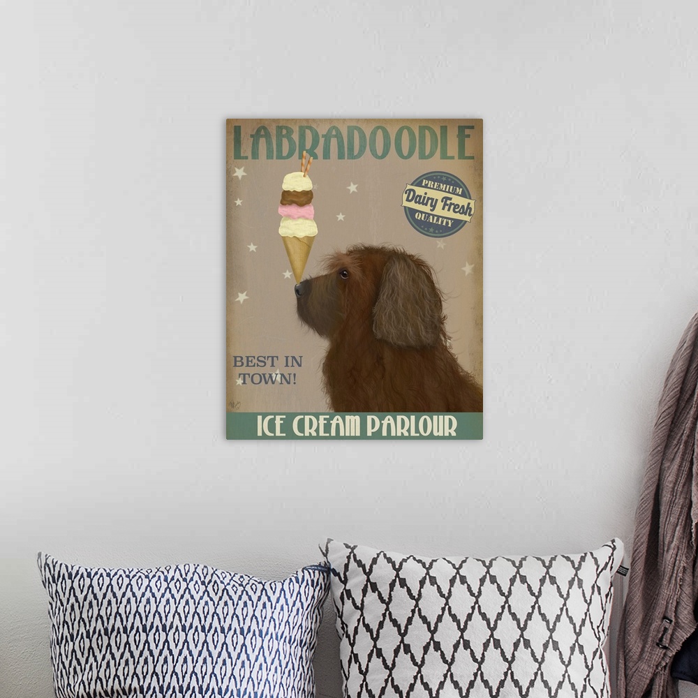 A bohemian room featuring Decorative artwork of a Labradoodle balancing an ice cream cone on its nose in an advertisement f...
