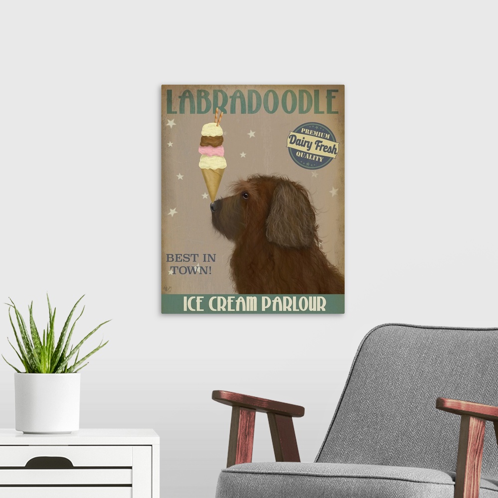 A modern room featuring Decorative artwork of a Labradoodle balancing an ice cream cone on its nose in an advertisement f...