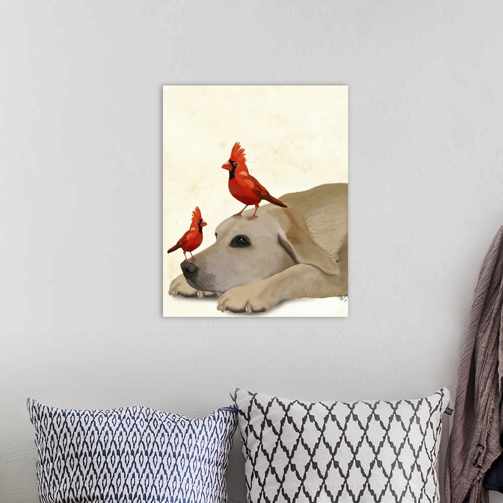 A bohemian room featuring A yellow lab laying on the floor with two cardinals.