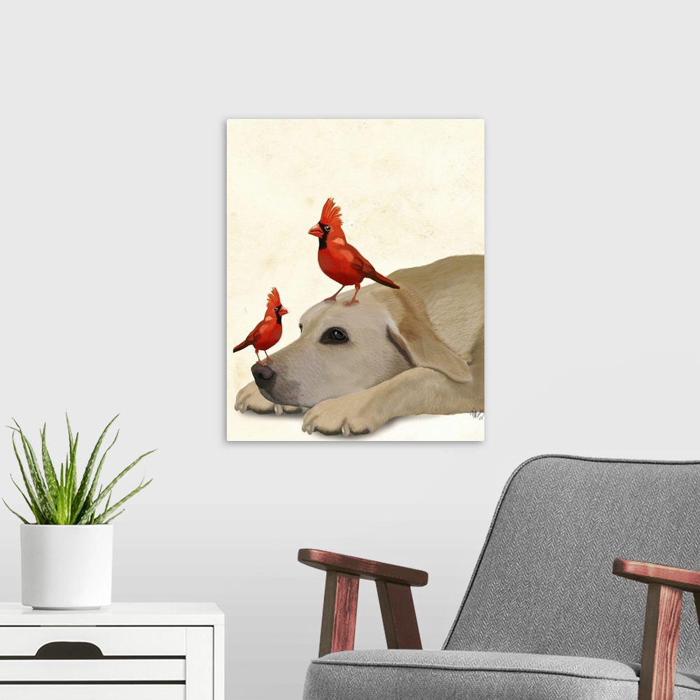 A modern room featuring A yellow lab laying on the floor with two cardinals.