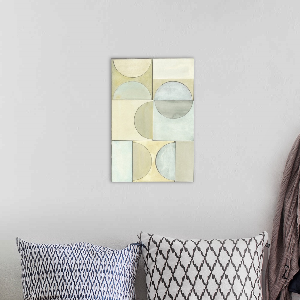 A bohemian room featuring Contemporary abstract painting with pastel geometric shapes.