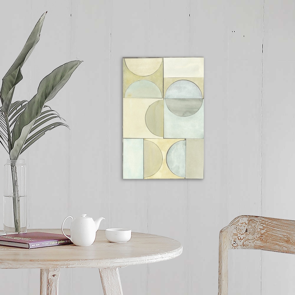 A farmhouse room featuring Contemporary abstract painting with pastel geometric shapes.