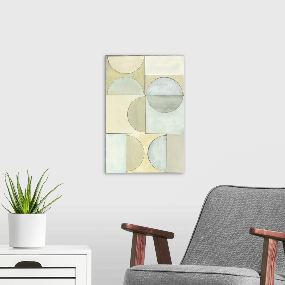 A modern room featuring Contemporary abstract painting with pastel geometric shapes.