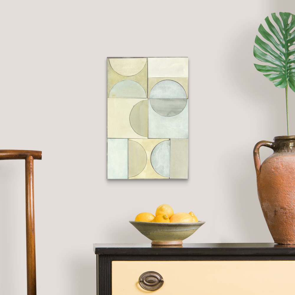A traditional room featuring Contemporary abstract painting with pastel geometric shapes.